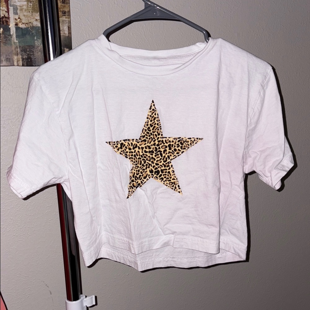 White Cropped Tee with Leopard Star